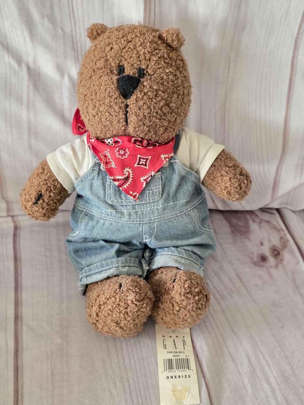 Baby Gap Brannan Teddy Bear Plush Toy Curly Brown Denim Overalls 13 Inch